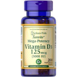 Витамин Д3, Vitamin D3, Puritan's Pride, 125 мкг (5000 МЕ), 200 капсул  