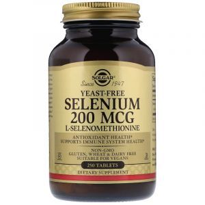 Селен, Selenium, Solgar, без дрожжей, 200 мкг, 250 таблеток
