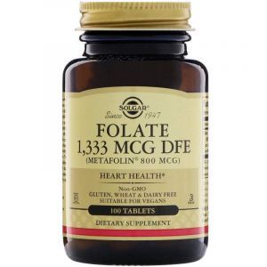 Фолиевая кислота, Folate As Metafolin, Solgar, метафолин, 800 мкг (1333 мкг DFE), 100 таб