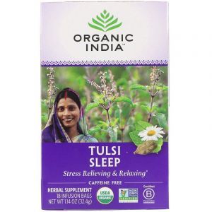 Чай тулси с базиликом, Tulsi Tea, Sleep, Organic India, снятие стресса и расслабление, без кофеина, 18 чайных пакетиков, 32.4 г
