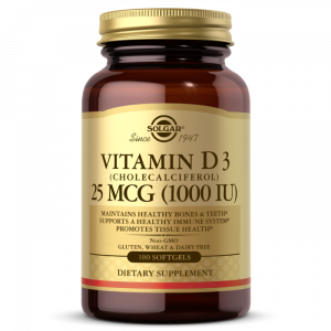 Vitamina D3 (colecalciferol), vitamina D3, Solgar, 25 mcg (1000 UI), 100 capsule