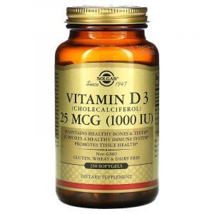 Витамин Д3 (холекальциферол), Vitamin D3, Solgar, 25 мкг (1000 МЕ), 250 капсул
