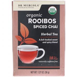 Чай ройбуш, Rooibos Spiced Chai, Dr. Mercola, 18 пакетиков, 36 г
