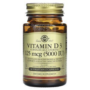 Витамин Д3, Vitamin D3 5000 IU, Solgar, 125 мкг, 60 капсул 