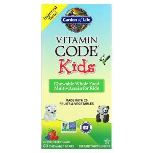 Мультивитамины для детей, Multivitamin for Kids, Garden of Life, Vitamin Code, цельнопищевые, вкус ягод вишня, 60 жевательных таблеток