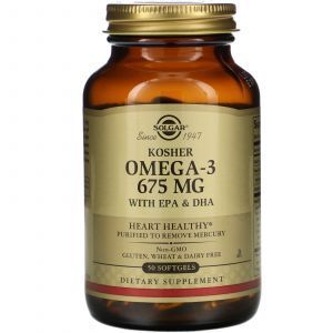 Омега-3, Kosher Omega-3, Solgar, кошерный, 675 мг, 50 гелевых капсул